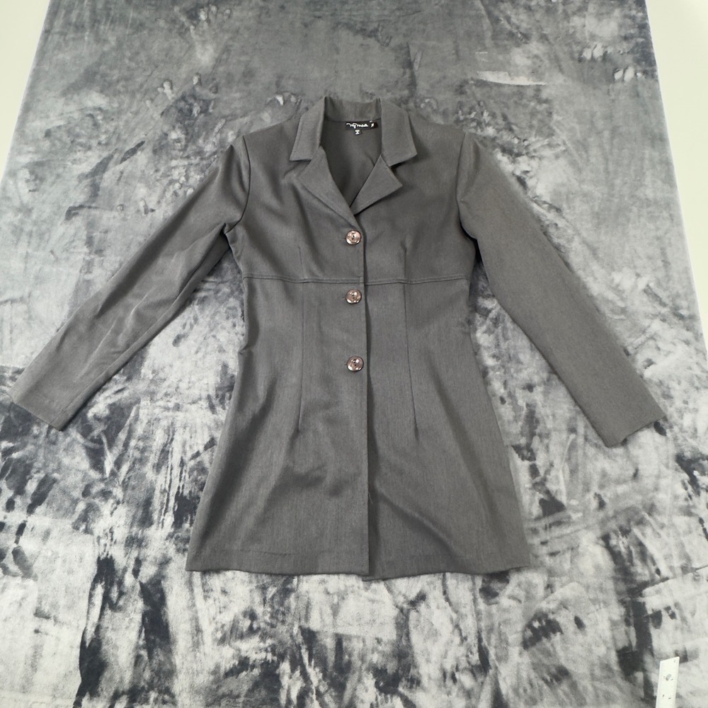 My Michelle Blazer Jacket Womens 7/8 Grey Longline‎ 3-Button Vintage Made in USA